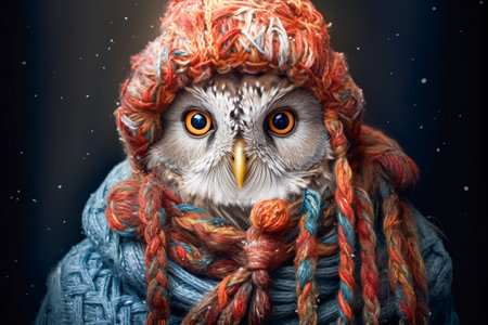 Cute owl wearing a red hat and scarfの素材