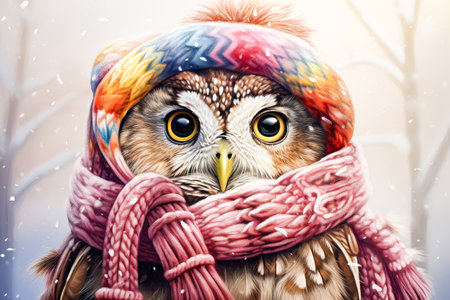 Cute owl wearing a pink scarf and a red hatの素材