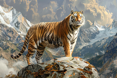 Tiger stands on a mountain top, looking out over the snowy landscapeの素材