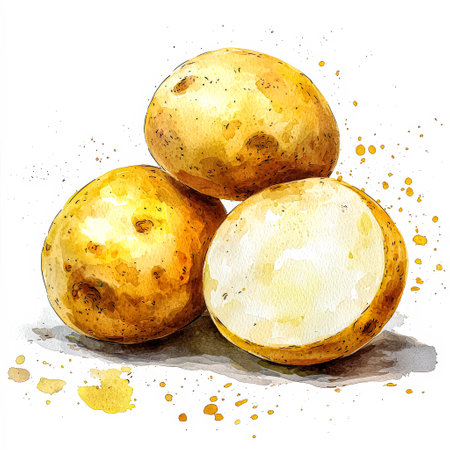 Three peeled potatoes are shown in a painting. The painting has a bright and cheerful mood, with the potatoes being the main focus. The painting is a still lifeの素材