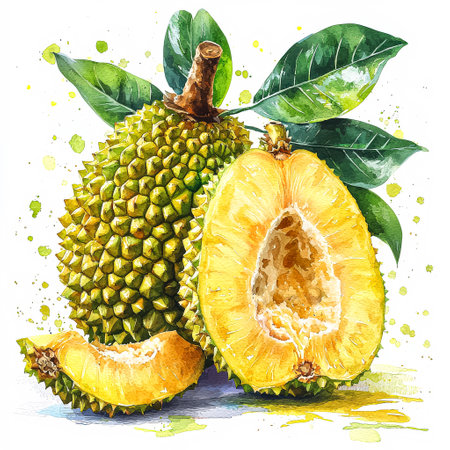 Painting of a green fruit with a brown spot on it. The fruit is cut in half and the inside is shownの素材