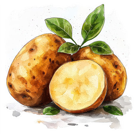 Three potatoes with a leaf on top. One of the potatoes is cut in half. The image has a warm, inviting feelingの素材