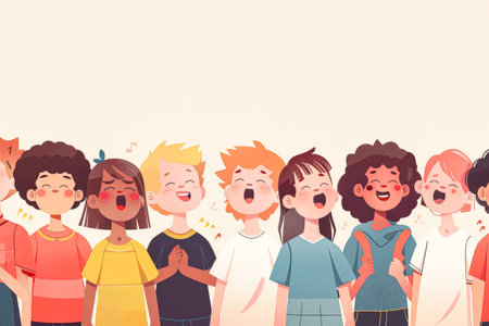 Group of children are singing and smiling. The children are of different ages and races. Scene is happy and cheerfulの素材