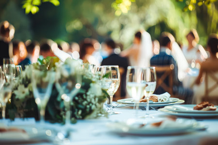 Wedding reception with a table full of wine glasses and plates of food. The guests are enjoying the celebration and the beautiful floral arrangementsの素材