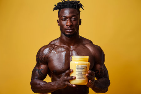 Man is holding a jar of lotion in his hand. The man is wearing a yellow shirt and has a muscular build. Concept of confidence and strengthの素材