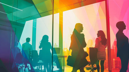 Group of people are walking in a room with a colorful background. Scene is lively and energetic, as the people seem to be engaged in conversation and moving aroundの素材
