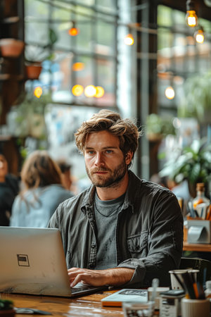Man with a beard and a blue shirt is standing in front of a white board with a lot of writing on itの素材