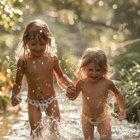 Two young children are playing in a stream, splashing water and laughing. Scene is joyful and carefree, as the children are enjoying their time outdoorsの素材
