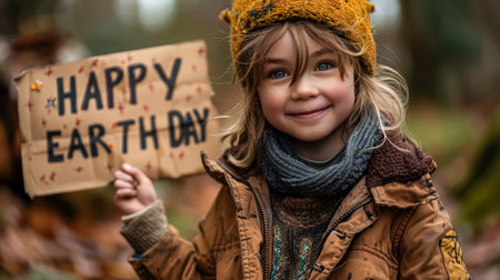 Young girl is holding a sign that says Happy Earth Day. She is smiling and holding the sign in front of herの素材