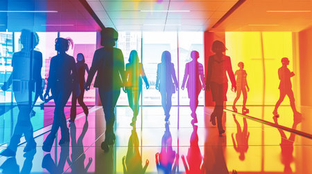Group of people walking in a hallway with a rainbow background. The people are wearing business attire and holding hands. Scene is one of unity and collaborationの素材