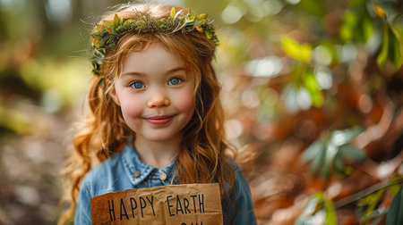 Young girl wearing a flowery headband is holding a sign that says Happy Earth. She is smiling and looking at the cameraの素材