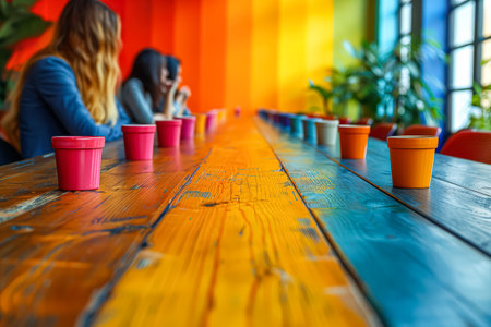 Group of people are sitting at a long wooden table with colorful cups and potted plants. The table is filled with various cups and potted plants, creating a lively and colorful atmosphereの素材