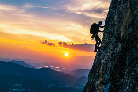 Man is climbing a mountain with a sunset in the background. Concept of adventure and determination as the man conquers the challenging terrainの素材