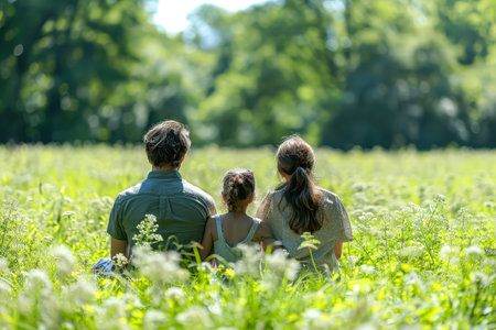 Family of four is enjoying a relaxing day in a lush green field. The father is sitting on the left side of the mother and two children, while the mother and children are sitting on the right sideの素材
