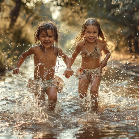 Two young girls are playing in the water, splashing and laughing. Scene is joyful and carefreeの素材