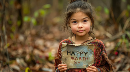 Young girl holding a sign that says Happy Earth Day. She is standing in a forest. The sign is made of paper and has a blue backgroundの素材