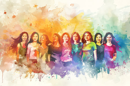Group of women are standing in a line, with some of them smiling. The image has a colorful and vibrant feel to it, with the women's clothing and the background being painted in bright colorsの素材