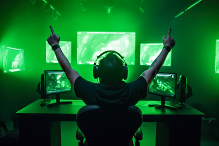 Man is sitting in front of a computer with a green screen and two monitors. He is wearing headphones and is holding his hands up in the air. Scene is energetic and excitedの素材