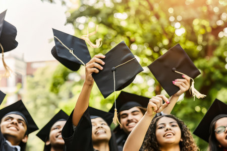 Group of people graduation wearing caps and gowns are smiling and holding their caps high in the airの素材