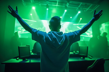 Man is standing in front of a green screen with his arms raised. He is wearing a white hoodie and he is celebratingの素材