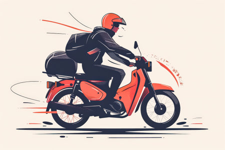 Man is riding a motorcycle with a backpack on his back. The man is wearing a helmet and is riding at a fast speed. Concept of adventure and excitementの素材