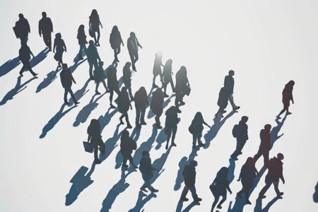 Group of people walking in a line, some carrying backpacks. Concept of unity and community as the people move togetherの素材