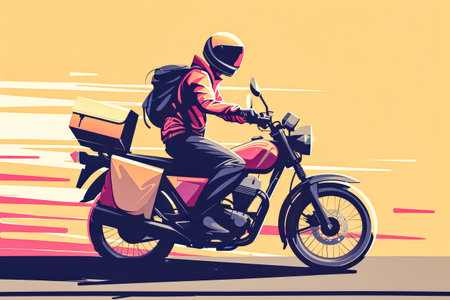 Man is riding a motorcycle with a backpack on his back. The man is wearing a helmet and a red jacket. The motorcycle is going fast, and the man is leaning into the turnの素材
