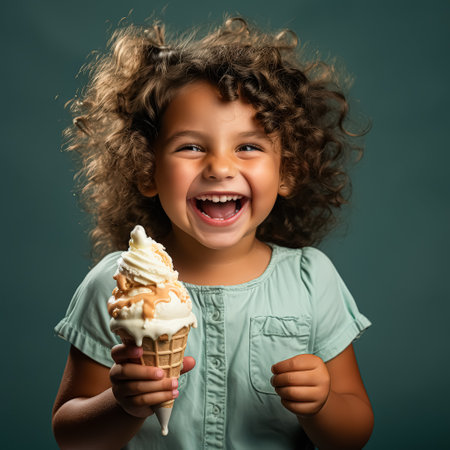 Young girl is holding an ice cream cone and smiling. Concept of happiness and joy, as the girl is enjoying her treatの素材
