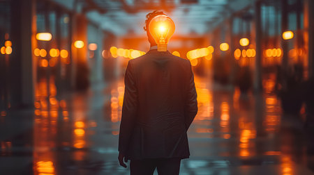 Man is walking down a street with a light bulb on his head. The image has a surreal and dreamlike quality to it, with the man's head being the focal pointの素材