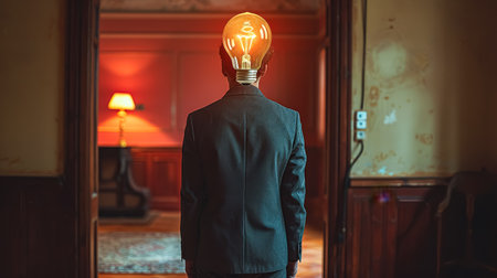 Man with a light bulb on his head stands in front of a room with a lamp. Concept of creativity and innovation, as the light bulb on the man's head represents an idea or a new conceptの素材