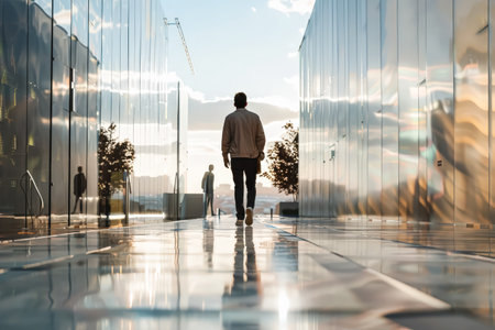 Man walks down a hallway with a reflection of him in the floor. The hallway is empty and the man is wearing a jacketの素材