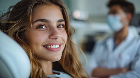 Woman is smiling at the camera while sitting in a dentist's chair. A man in a white coat is standing behind herの素材