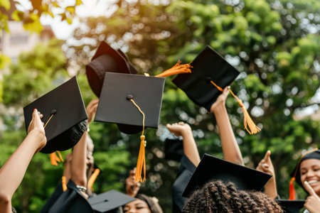 Group of graduates are celebrating their graduation by throwing their caps into the air. Scene is joyful and celebratoryの素材
