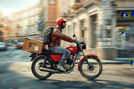 Man on a motorcycle is wearing a red jacket and a helmet. He is carrying a box on his backの素材