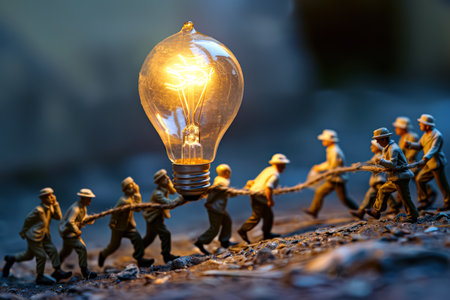 Group of people are pulling a light bulb up a hill. The light bulb is lit up and shining brightly. The scene is playful and whimsicalの素材