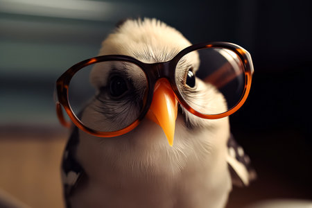 Bird wearing glasses is looking at the camera. The bird's eyes are large and the glasses are brown. The bird's beak is orange and it has a black and white pattern on its feathersの素材
