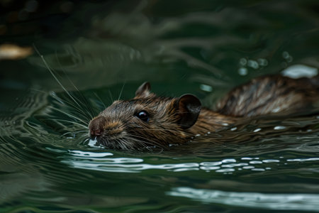Rat is swimming in a body of water. The water is dark and murky. The rat appears to be enjoying itself as it swimsの素材