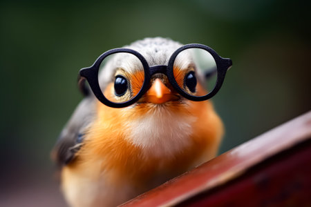 Bird wearing glasses is looking at the camera. The image has a playful and whimsical mood, as the bird is dressed up in human-like attireの素材
