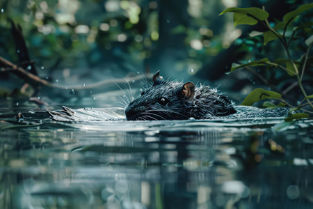 Rat is swimming in a body of water. The water is dark and murky, and the rat is surrounded by green foliage. The scene is peaceful and serene, with the rat calmly swimming through the waterの素材