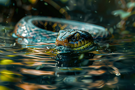 Snake is swimming in a body of water. The snake is brown and black. The water is murky and the snake is surrounded by leavesの素材