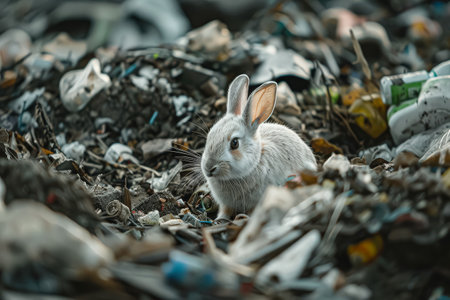 Rabbit is sitting in a pile of trash. The rabbit is white and is looking up at the camera. The scene is dirty and messy, with trash scattered all aroundの素材