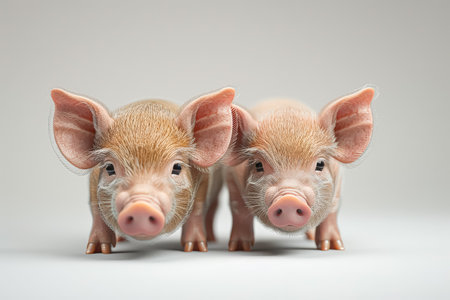 Two piglets are standing next to each other with their heads tilted. The image has a cute and playful moodの素材