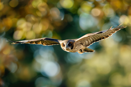 Bird is flying in the sky with a blurry background. The bird is brown and has a large headの素材