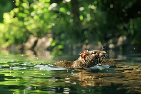 Small rodent is swimming in a body of water. The water is green and the rodent is surrounded by treesの素材