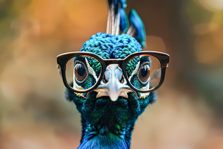 Peacock wearing glasses is staring at the camera. The image has a playful and humorous mood, as the peacock is dressed in human-like clothing and accessoriesの素材