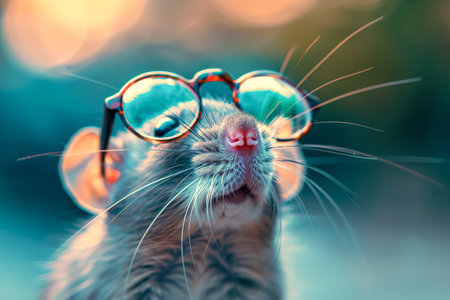 Rat wearing glasses and a nose ring. The rat is looking at the camera. The image has a playful and humorous moodの素材