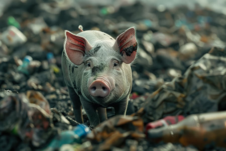 Pig is standing in a pile of trash, looking at the camera. The scene is dirty and unappealing, with various types of waste scattered around. The pig's presence in this environment is unusualの素材