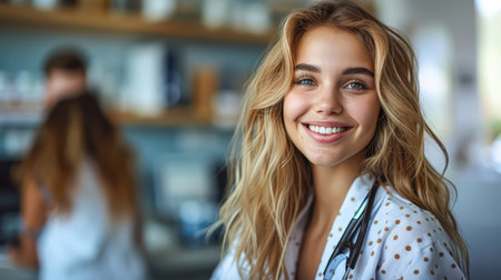 Woman with blonde hair and a white shirt is smiling at the camera. She is wearing a stethoscope around her neckの素材