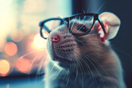 Rat wearing glasses is staring at the camera. The image has a playful and whimsical mood, as the rat is dressed up in a human-like outfitの素材