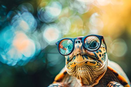 Turtle wearing glasses is staring at the camera. The image has a playful and whimsical mood, as the turtle is dressed up in glasses and he is posing for a photoの素材